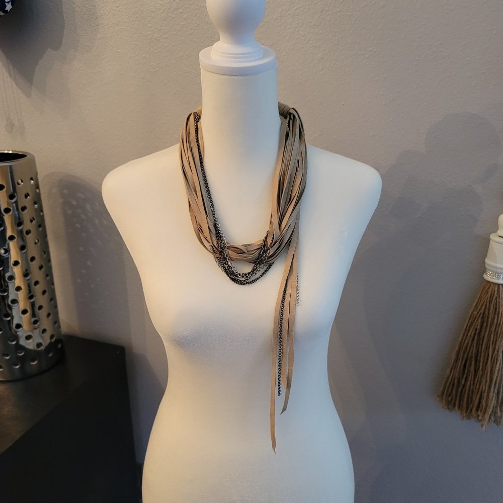 Beige Suede and Silver/Gunmetal Chain Necklace